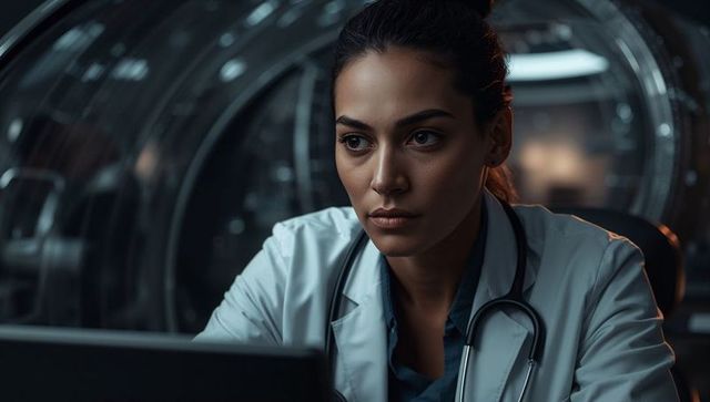 Reviewing mri scans by focused physician in lab coat with stethoscope at monitor