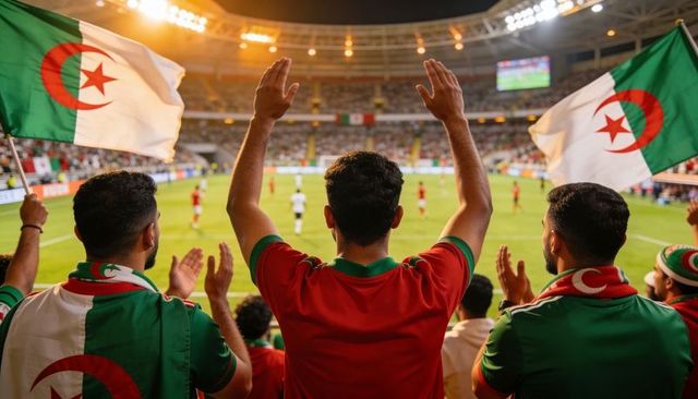 Algerian fans cheering under stadium lights waving national flags during night football