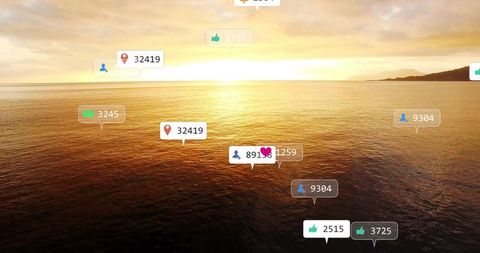 Social Media Icons Flowing Over Ocean Sunset likes and followers