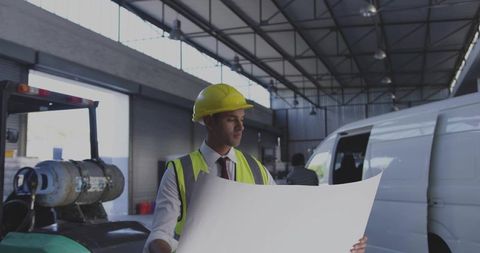 Engineer Inspecting Blueprints in Industrial Workshop Setting