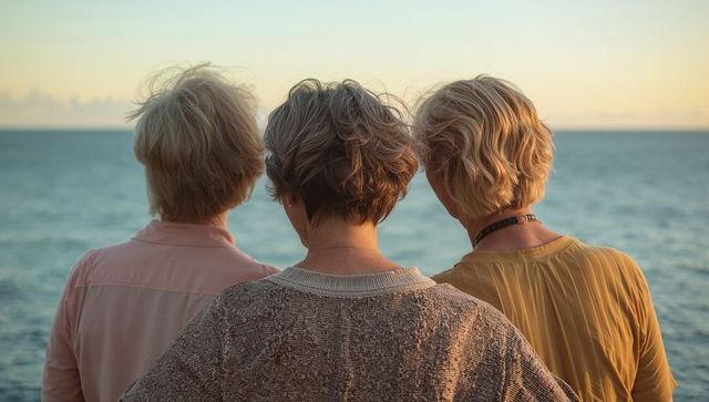 Three women gazing at ocean at sunset from behind, wearing knit sweater, pink shirt, mustard top