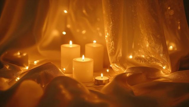 Warm Candlelight Vignette with Pillar Candles and Tealight on Shimmering Satin Drapery