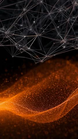 Futuristic Network Mesh Forming While Orange Energy Wave Flowing Vertical Tech Animation