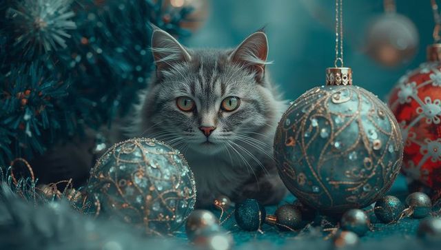 Long-haired Grey Tabby Cat Posing with Festive Baubles