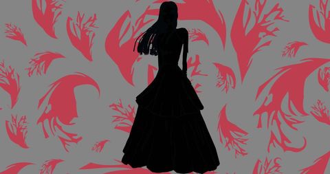 Elegant silhouette of woman in gown with abstract red floral background
