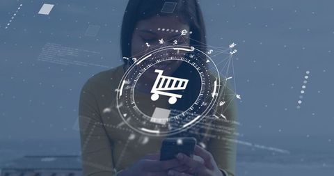 Woman tapping smartphone wearing mustard long-sleeve with holographic shopping cart hud