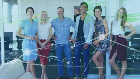 Diverse Business Team with Data Overlay in Modern Office