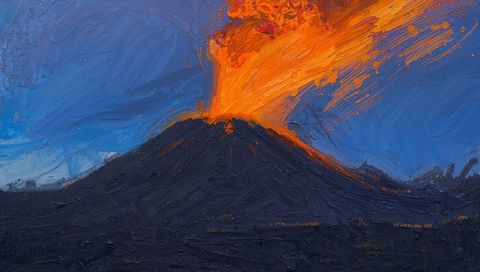 Dramatic volcanic eruption with molten lava and ash plume