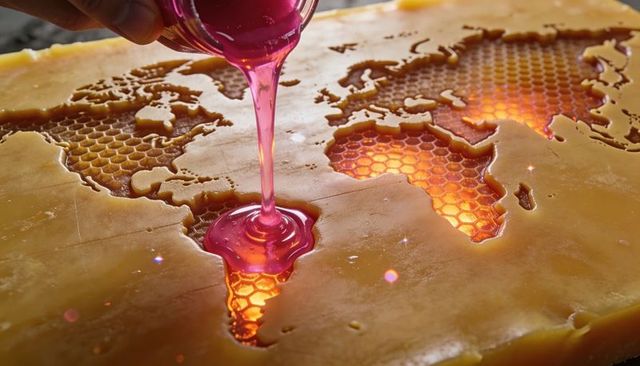 Pouring magenta resin into south america cutout on honeycomb wax world map with glowing amber core