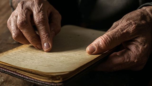 Senior wrinkled hands turning yellowed notebook pages closeup, vintage journal memory
