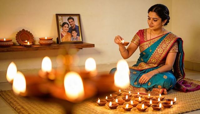 Indian woman lighting diyas in ornate teal-magenta saree during diwali celebration at home