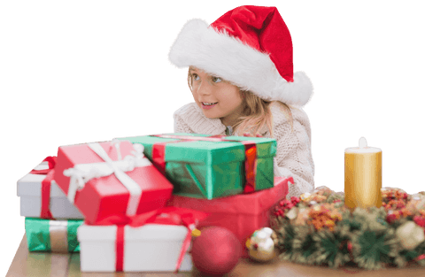 Child with Santa Hat Surrounded by Christmas Presents on Transparent Background