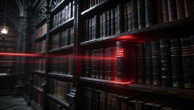 Glowing forbidden tome emitting red light in Gothic library with scanning light streaks