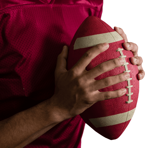 Close up american football player holding football transparent background
