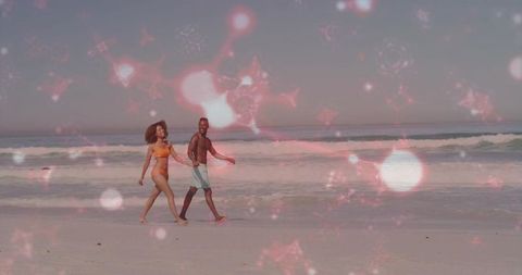 Romantic Couple Walking on Scenic Beach with Pink Star Overlay