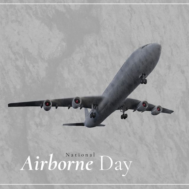Depiction of an airplane flying with National Airborne Day text on a grey marble background. Ideal for promoting and celebrating National Airborne Day, promoting aviation events, or illustrating aviation-themed content. Perfect for social media posts, event invitations, and educational materials highlighting air travel or military aviation accomplishments.
