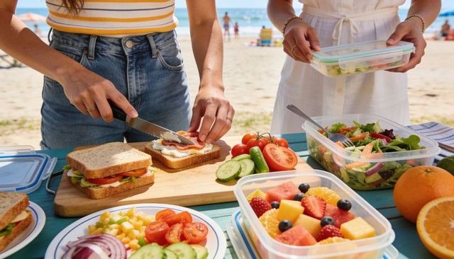 Preparing beach picnic with fresh sandwiches fruit salad colorful containers and citrus