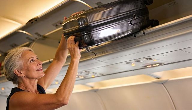 Senior woman placing hardshell suitcase into overhead bin on airplane smiling confidently during tra
