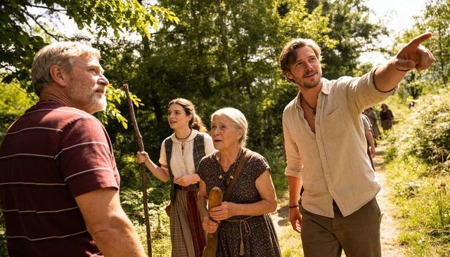 Man pointing guiding multigenerational family on sunlit woodland trail with elder