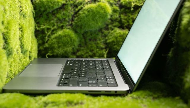 Modern aluminum laptop resting on lush moss bed for green technology and eco workspace