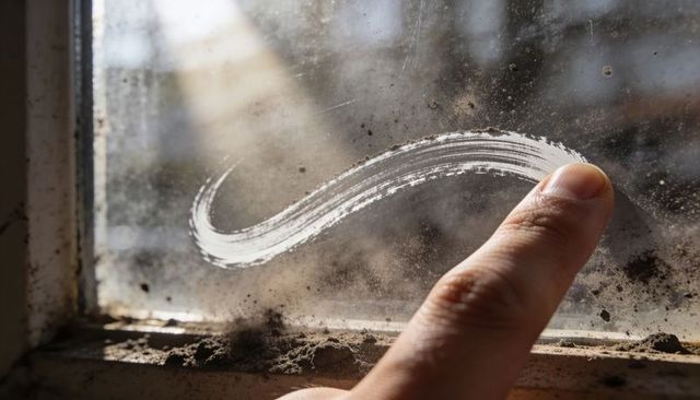 Right index fingertip tracing white smear on dusty weathered windowpane in sunlight
