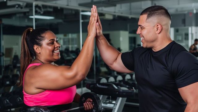 Personal trainer high-fiving client after strength training session in modern gym