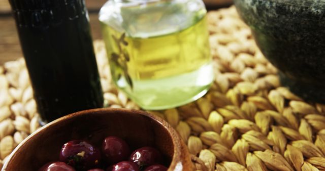 Olives and Condiments on Woven Surface - Download Free Stock Images Pikwizard.com