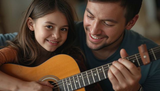 Father Teaching Child Guitar at Home, Warm Family Bonding Moment