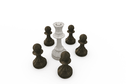White queen surrounded by black pawns transparent chess pieces