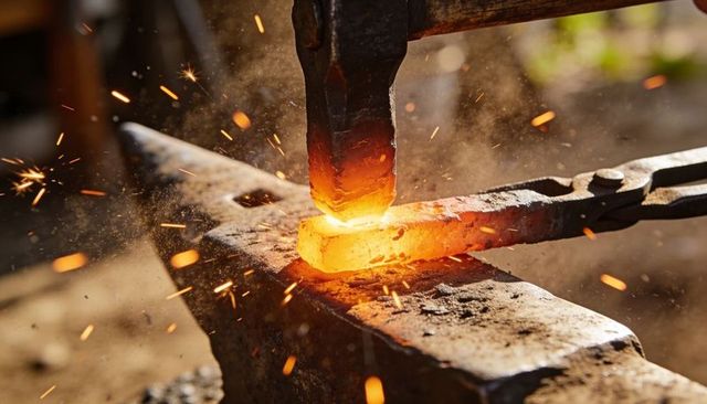 Blacksmith forging glowing steel billet under hammer with sparks on anvil, closeup craftsmanship
