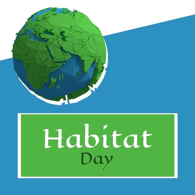 Square image of world habitat day text with globe over blue background. World habitat day campaign.