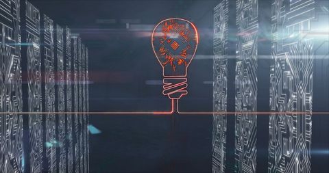Glowing Digital Light Bulb Among Futuristic Server Racks