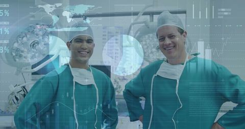 Diverse Surgeons in Modern Operating Room with Data Overlay