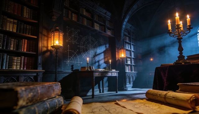 Gothic library study featuring candlelit manuscripts, astral charts, weathered map scrolls