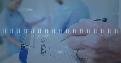 Clinician filling medical intake form on clipboard with digital vital sign waveform