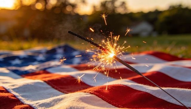 Sparkler sending golden sparks over american flag at sunset celebrating independence