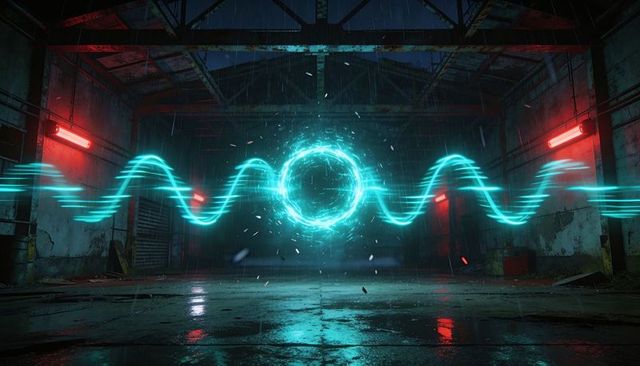 Cyan Energy Ring Emitting Neon Waveform in Rain-Soaked Abandoned Industrial Warehouse