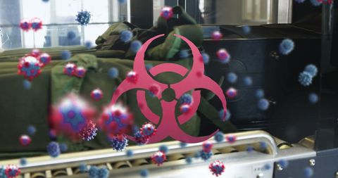 Biohazard Symbol with Covid-19 Particles at Airport Luggage Area - Download Free Stock Images Pikwizard.com