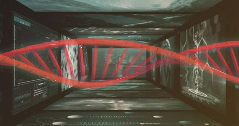 Futuristic red dna strand in advanced science laboratory