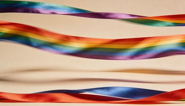 Flowing rainbow satin ribbons curving over warm beige backdrop with soft shadows