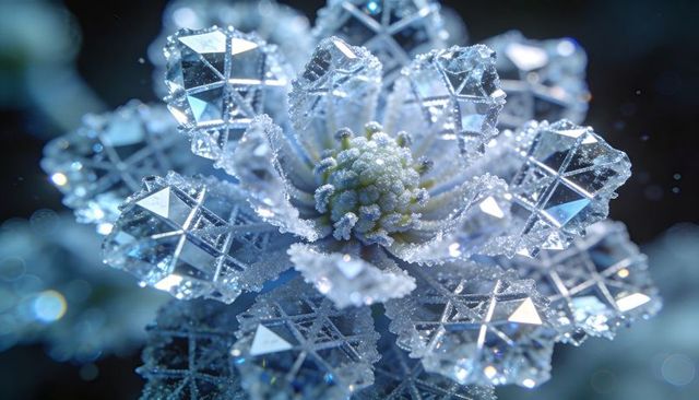 Shimmering crystal blossom reflecting blue light with faceted petals and pale green core