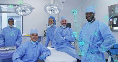 Surgical team in operating room with futuristic data overlay