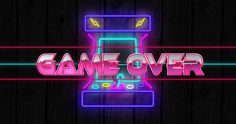 Neon game over arcade sign with retro cabinet, glitch lines, joystick buttons 80s vaporwave