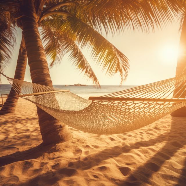 Hammock swinging gently between two palm trees on sandy beach with beautiful sunset sky and calm ocean in background. Perfect for travel brochures, summer vacation promotions, tropical getaways, and relaxation-themed advertisements.