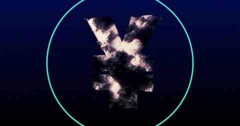 Glowing yen symbol emitting smoky particles in cyan neon ring, futuristic currency icon