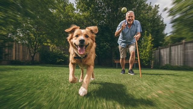 Senior Man Playing Fetch with Joyful Dog in Backyard