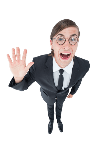 Transparent Geeky Businessman Waving Camera Cute Expression