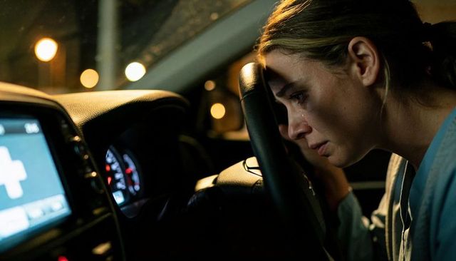 Young woman leaning on steering wheel at night, crying and feeling overwhelmed by stress