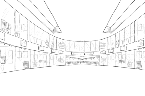 Transparent shopping center interior design illustration on layered background