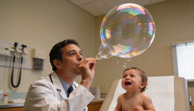 Pediatrician blowing giant bubble while comforting crying toddler on exam table